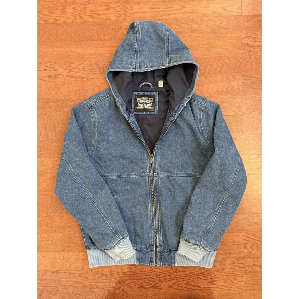 Levis Blue Denim Full Zip Hooded Jacket Quilt Lined Workwear Medium
